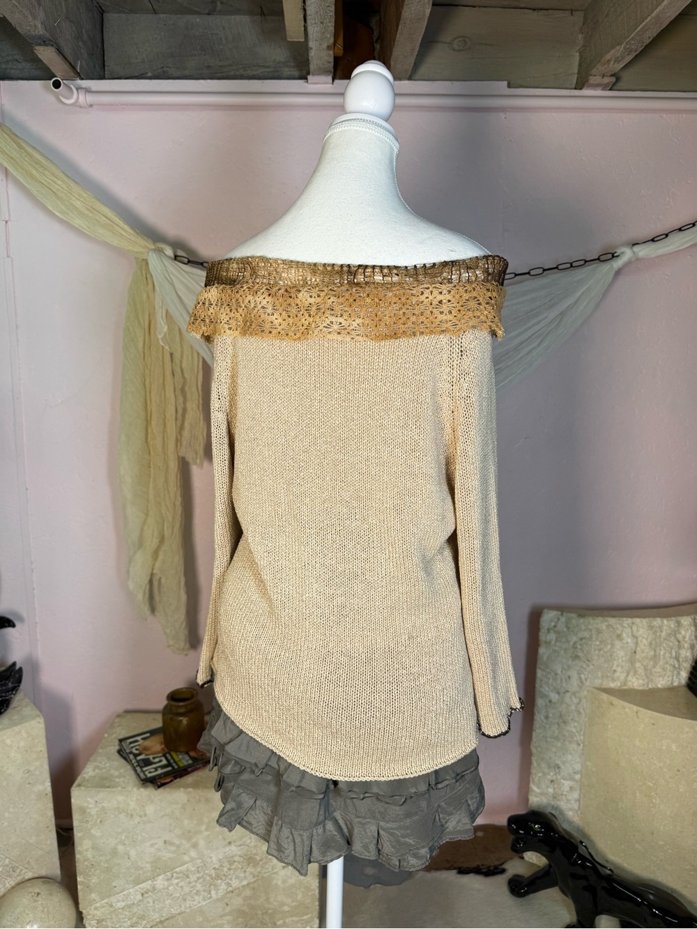 Vintage Fairycore Off Shoulder Ruffle Knit Top Size L